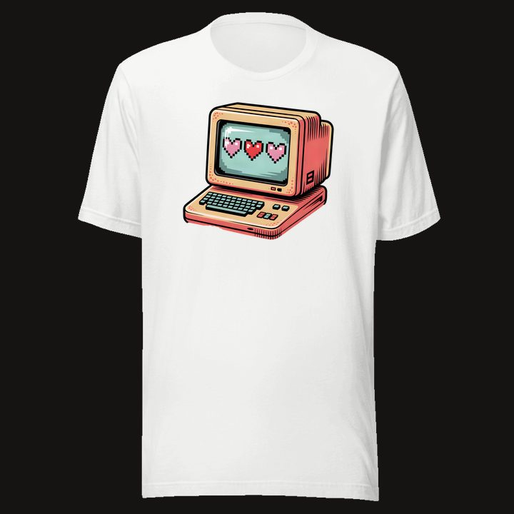 Pixel Love PC design on a white tee