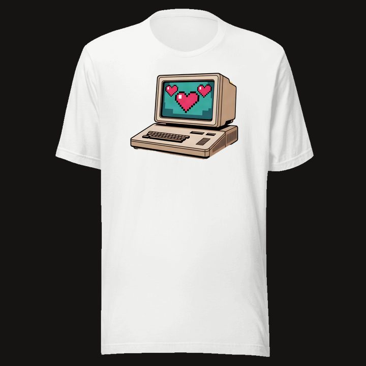 Retro Heart PC design on a white tee